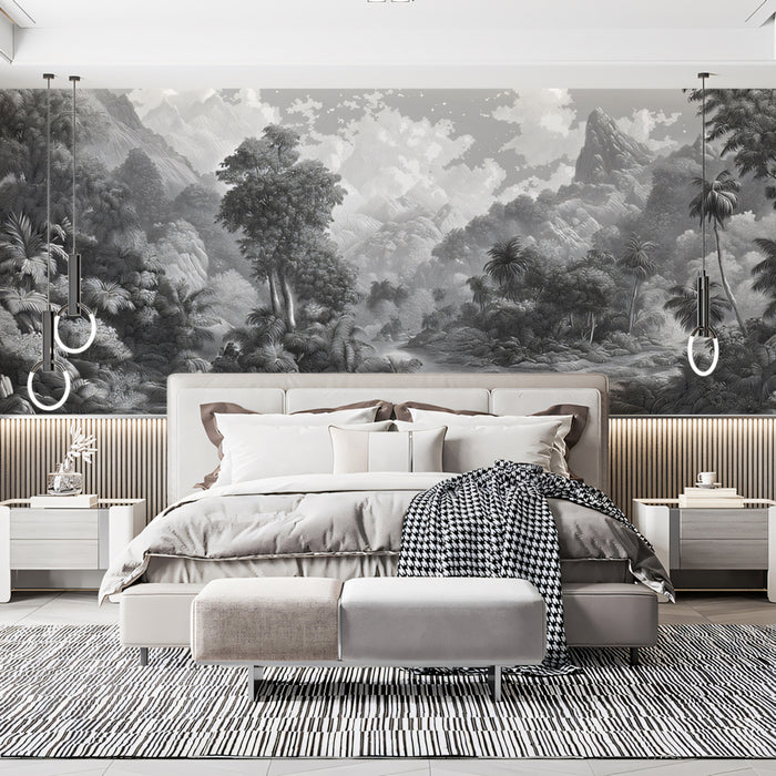 Monochrome Tropical Jungle Mural Wallpaper | Intricate Landscape with Mountains