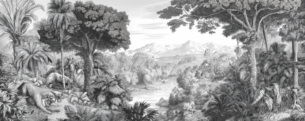 Monochrome Tropical Landscape Mural Wallpaper | Elephant & Lush Jungle