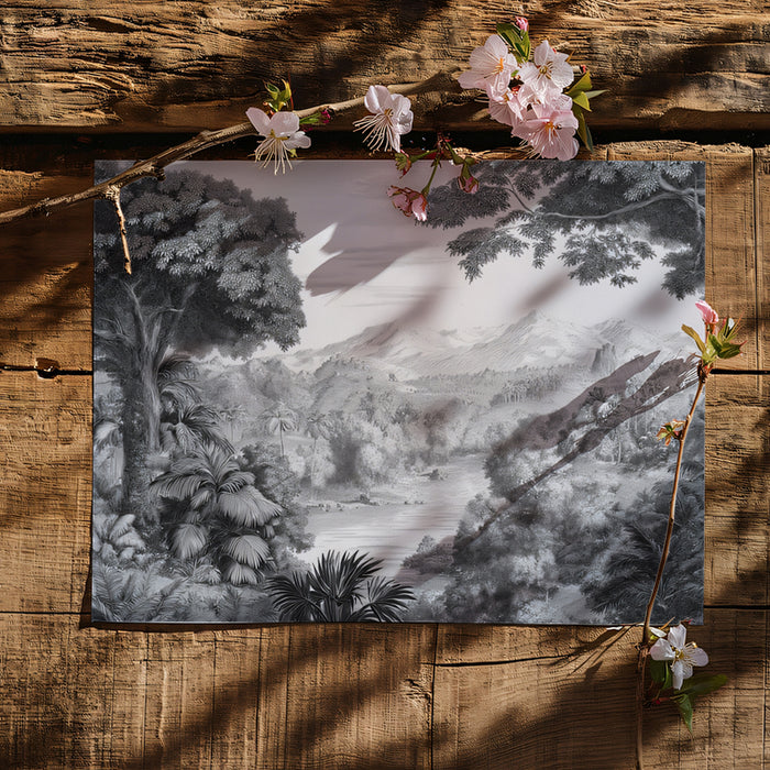Monochrome Tropical Landscape Mural Wallpaper | Elephant & Lush Jungle