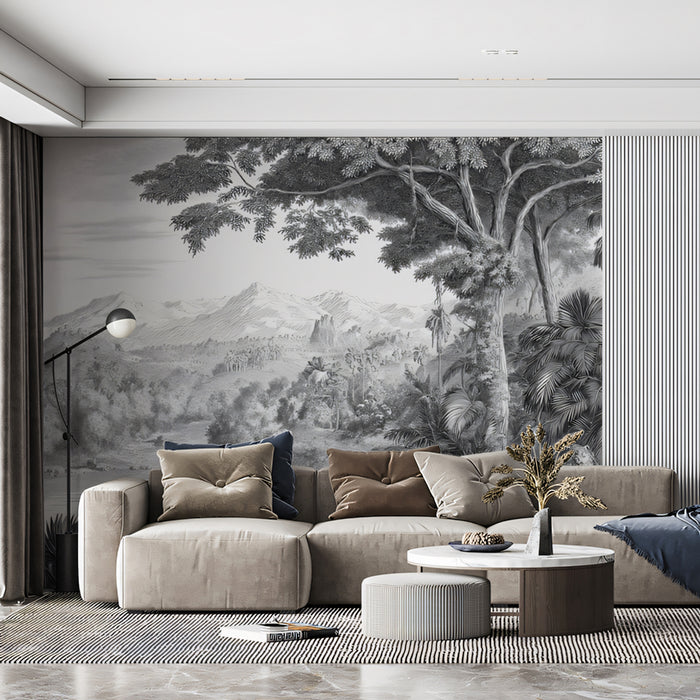 Monochrome Tropical Landscape Mural Wallpaper | Elephant & Lush Jungle