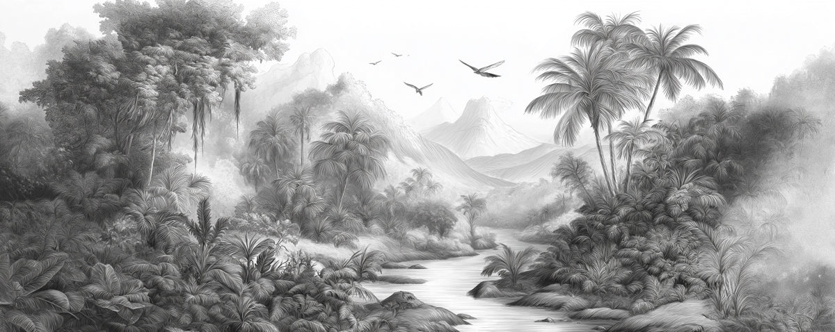 Monochrome Tropical Jungle Mural Wallpaper | Serene River & Soaring Birds