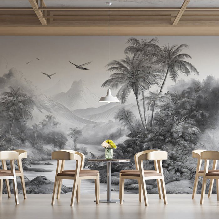 Monochrome Tropical Jungle Mural Wallpaper | Serene River & Soaring Birds