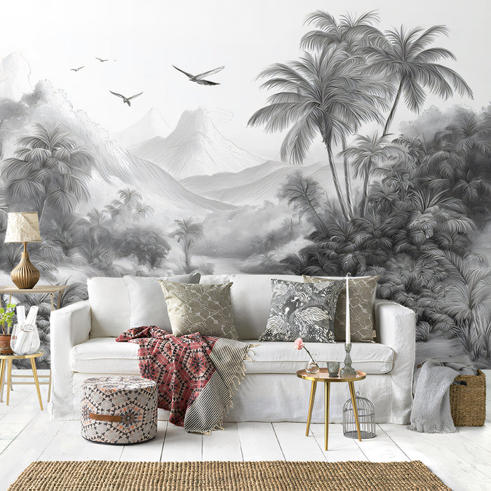 Monochrome Tropical Jungle Mural Wallpaper | Serene River & Soaring Birds