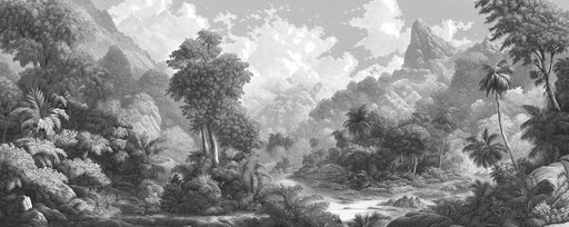 Black and white illustration of a tropical landscape with mountains and trees.
