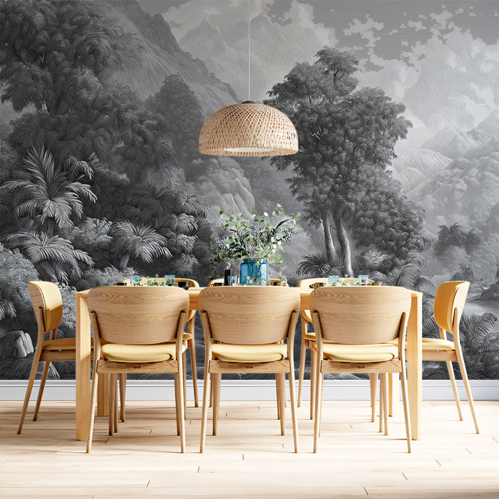 Dramatic Monochrome Jungle Mural Wallpaper | Majestic Landscape & Mountains