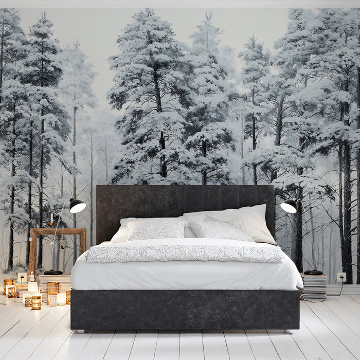 Snowy Pine Forest Mural Wallpaper | Serene Winter Landscape