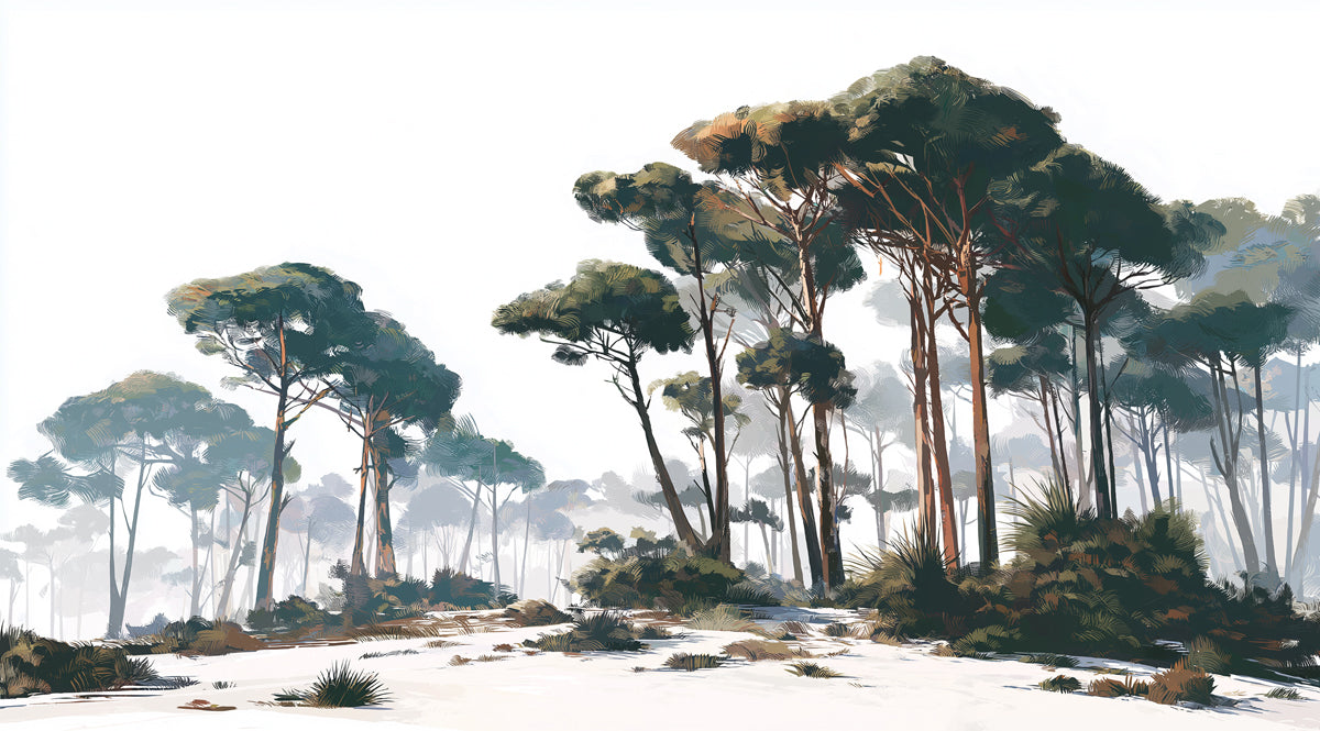 Impressionistic Winter Forest Mural Wallpaper | Painted Snowy Pine Trees