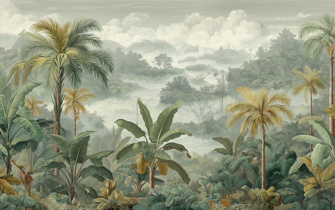Tropical Jungle Mural Wallpaper | Lush Greenery with Misty Mountains
