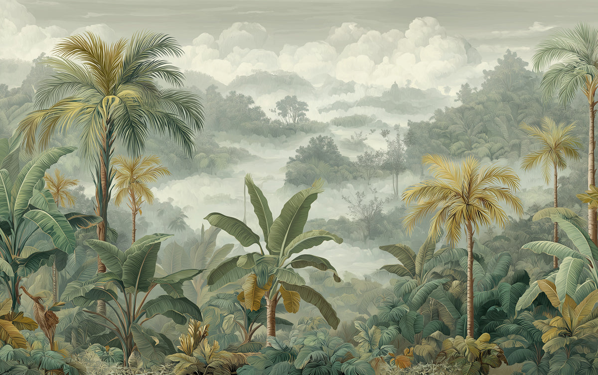 Tropical Jungle Mural Wallpaper | Lush Greenery with Misty Mountains