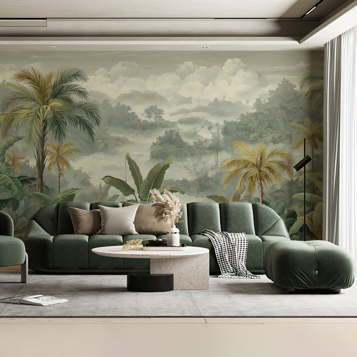Tropical Jungle Mural Wallpaper | Lush Greenery with Misty Mountains