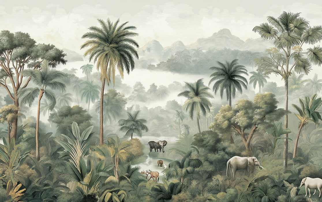 Tropical Jungle Mural Wallpaper | Lush Wildlife & Misty Landscape