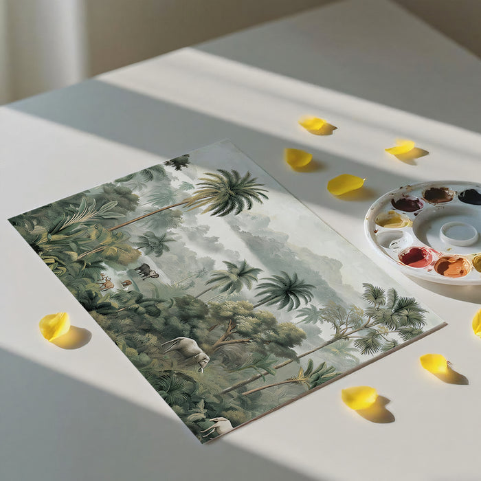 Tropical Jungle Mural Wallpaper | Lush Wildlife & Misty Landscape