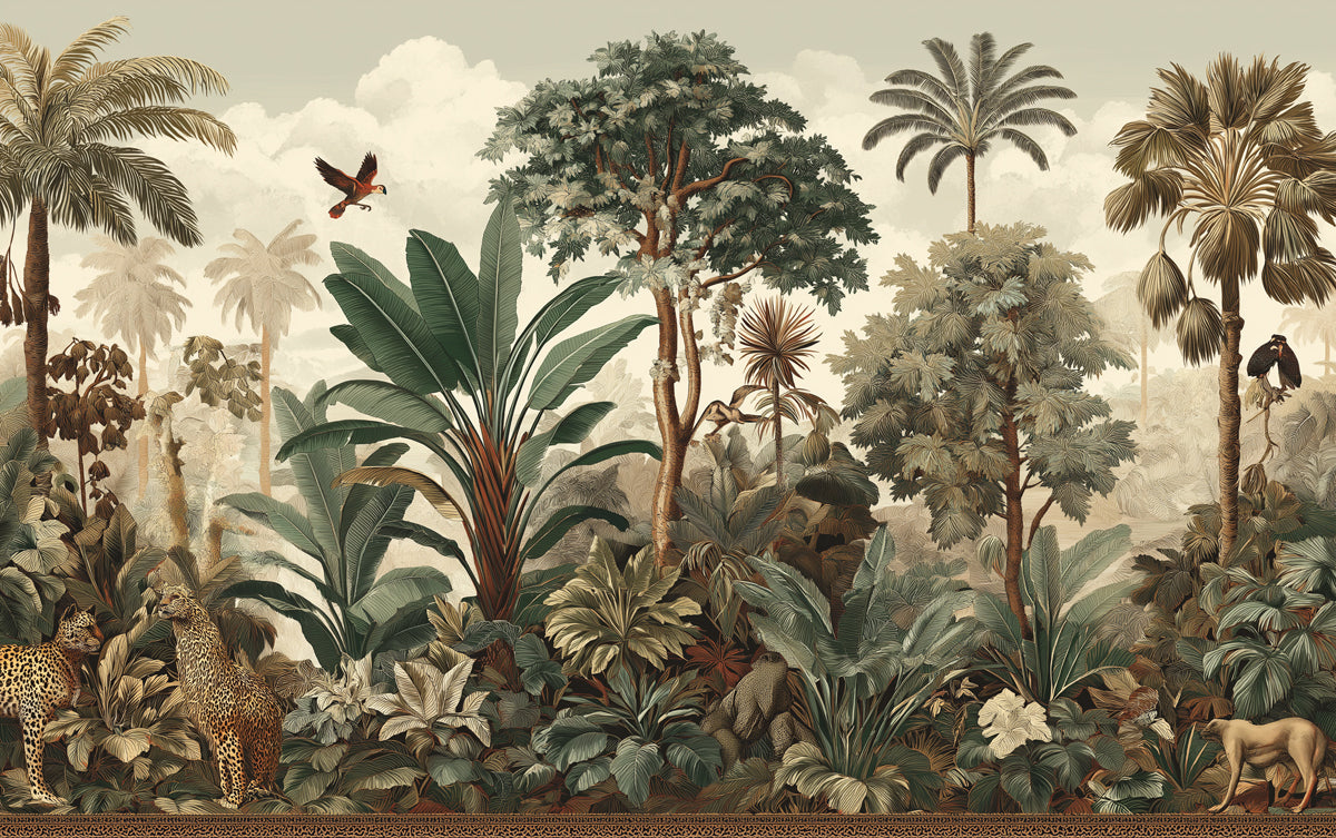 Vintage Tropical Jungle Mural Wallpaper | Lush Wildlife & Misty Landscape