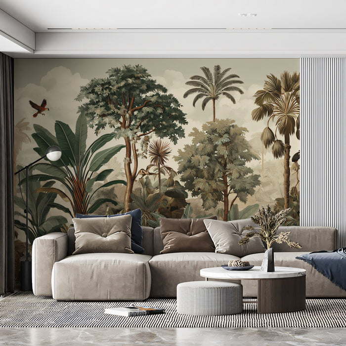 Vintage Tropical Jungle Mural Wallpaper | Lush Wildlife & Misty Landscape