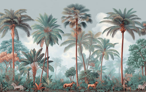 Jungle scene with palm trees, zebras, and other animals on a light blue background