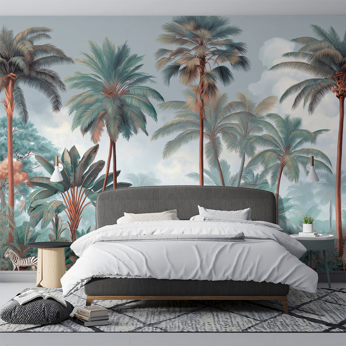 Vintage Tropical Mural Wallpaper | Exotic Wildlife & Misty Landscape