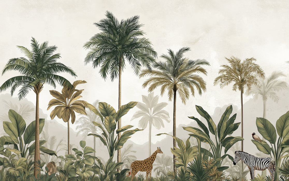 Vintage Tropical Mural Wallpaper | Exotic Wildlife & Misty Landscape