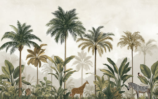 Jungle scene with palm trees, giraffe, and zebra on a beige background