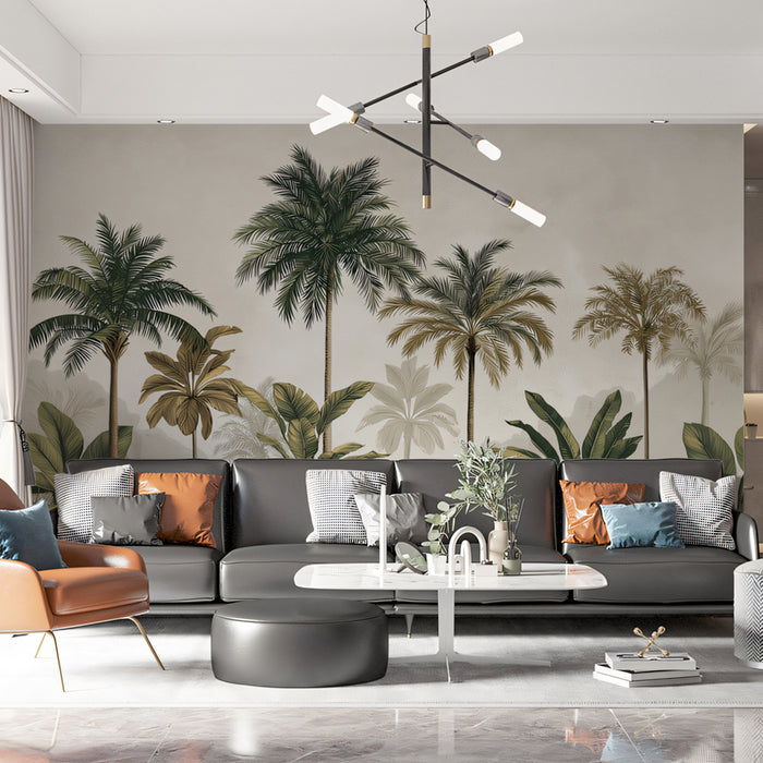 Vintage Tropical Mural Wallpaper | Exotic Wildlife & Misty Landscape