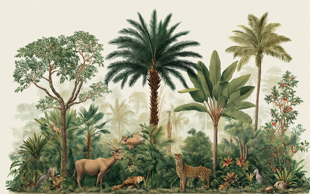 Vintage Tropical Mural Wallpaper | Exotic Wildlife & Lush Jungle