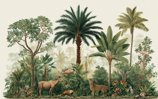 Illustration of a tropical forest with various plants and animals.