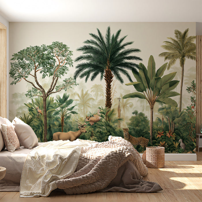 Vintage Tropical Mural Wallpaper | Exotic Wildlife & Lush Jungle