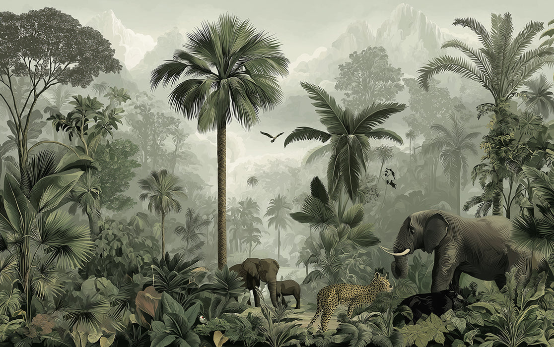 Vintage Tropical Mural Wallpaper | Exotic Wildlife & Misty Landscape