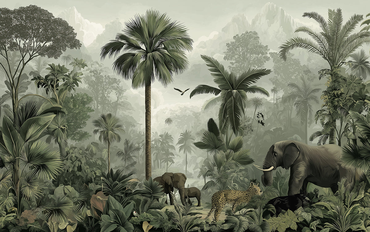 Vintage Tropical Mural Wallpaper | Exotic Wildlife & Misty Landscape
