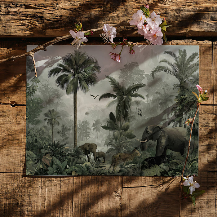 Vintage Tropical Mural Wallpaper | Exotic Wildlife & Misty Landscape