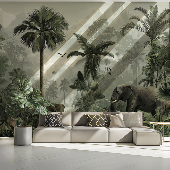 Vintage Tropical Mural Wallpaper | Exotic Wildlife & Misty Landscape