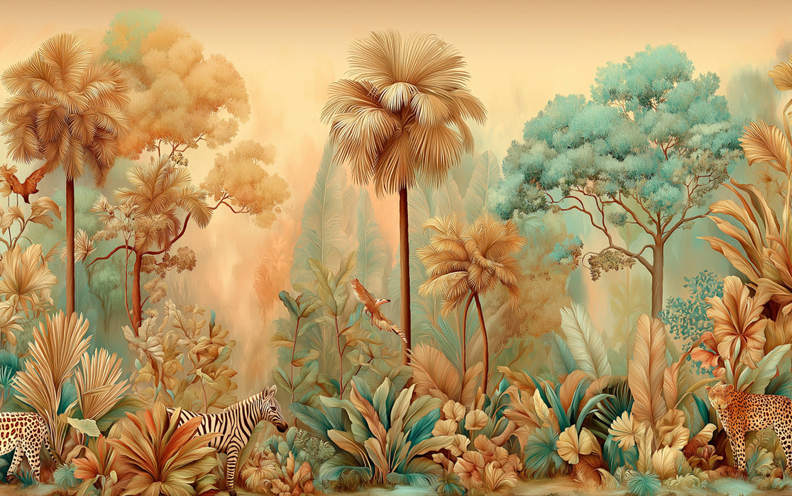 Vintage Tropical Mural Wallpaper | Sepia-Toned Jungle with Wildlife