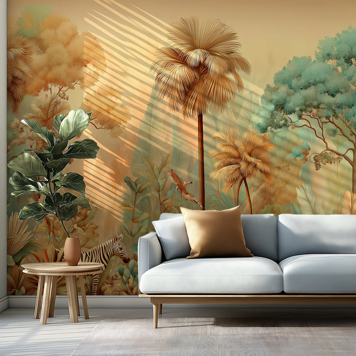 Vintage Tropical Mural Wallpaper | Sepia-Toned Jungle with Wildlife