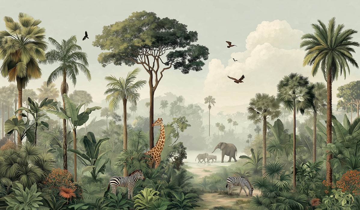 Vintage Tropical Mural Wallpaper | Majestic Wildlife & Misty Landscape