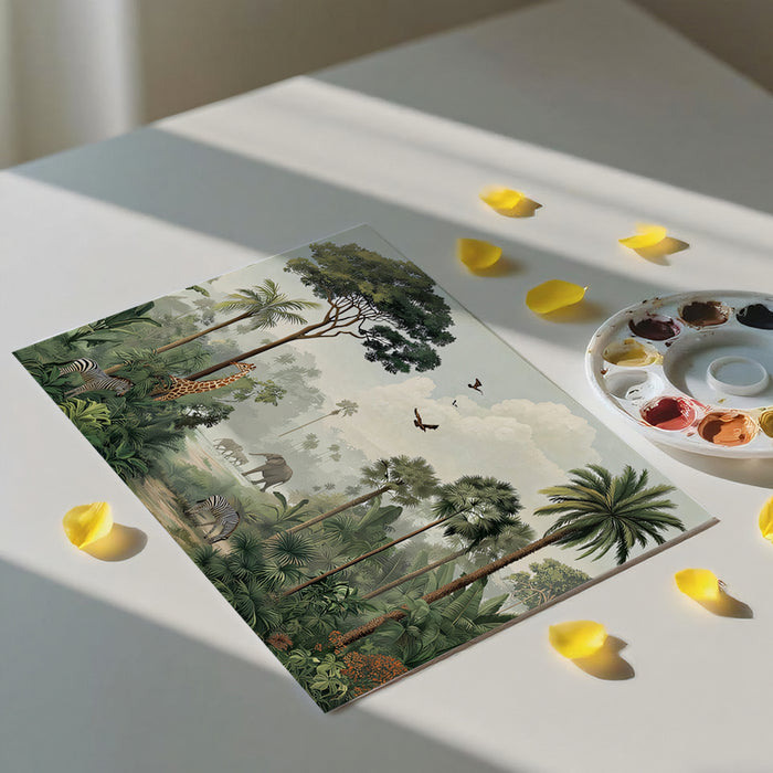 Vintage Tropical Mural Wallpaper | Majestic Wildlife & Misty Landscape