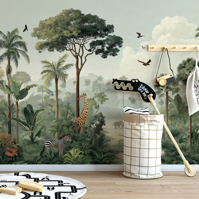 Vintage Tropical Mural Wallpaper | Majestic Wildlife & Misty Landscape