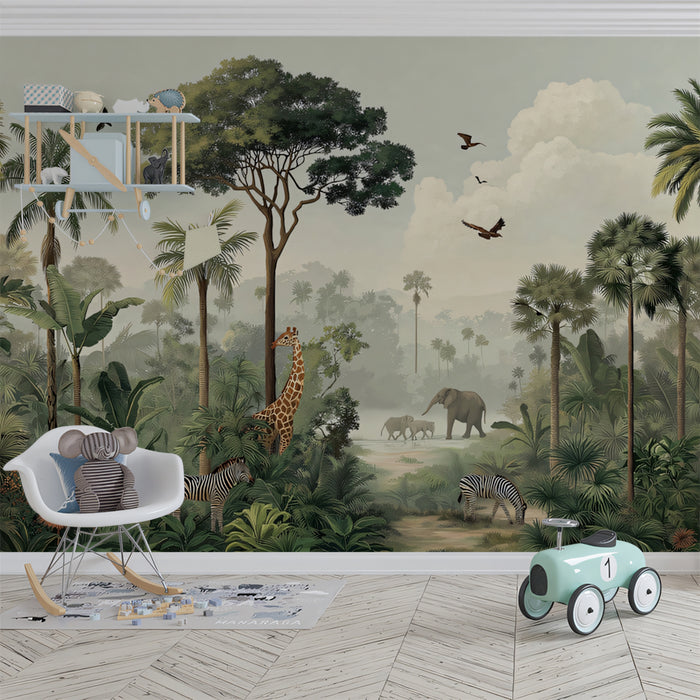 Vintage Tropical Mural Wallpaper | Majestic Wildlife & Misty Landscape
