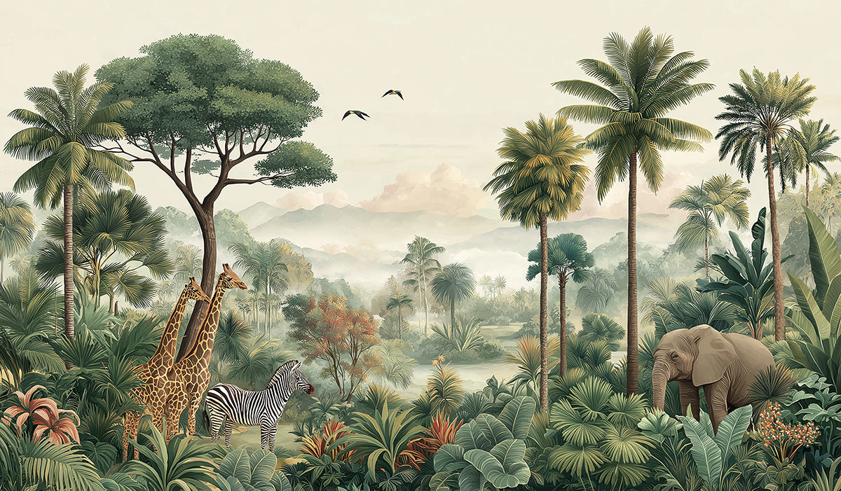 Vintage Tropical Mural Wallpaper | Majestic Wildlife & Misty Landscape