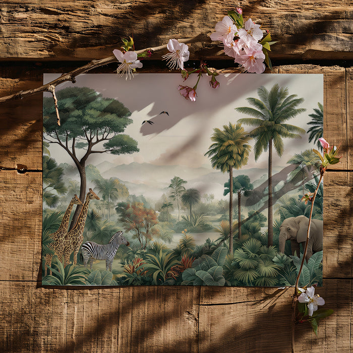Vintage Tropical Mural Wallpaper | Majestic Wildlife & Misty Landscape