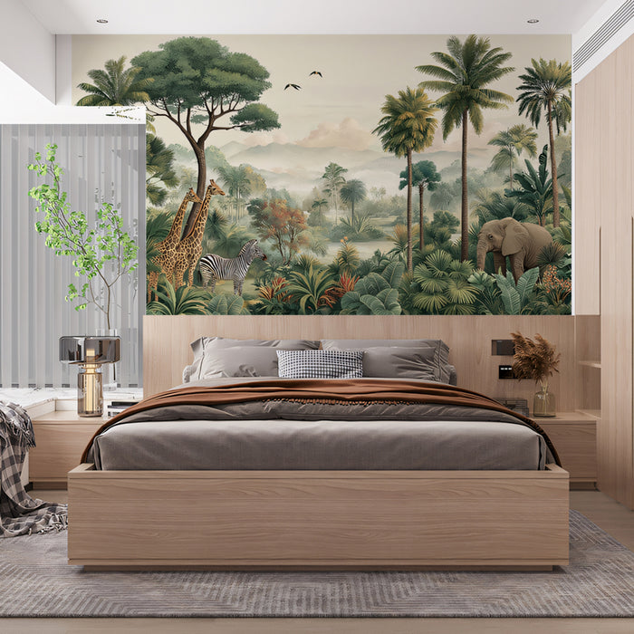 Vintage Tropical Mural Wallpaper | Majestic Wildlife & Misty Landscape