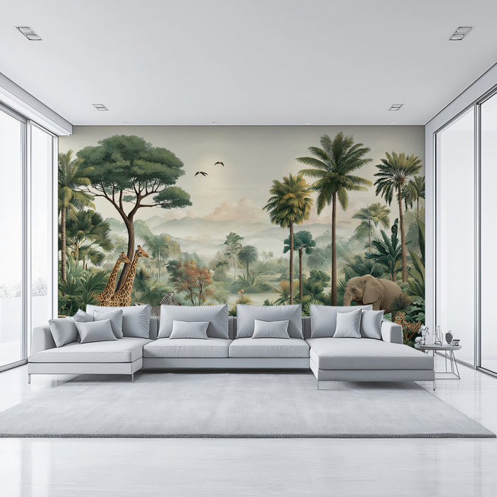 Vintage Tropical Mural Wallpaper | Majestic Wildlife & Misty Landscape