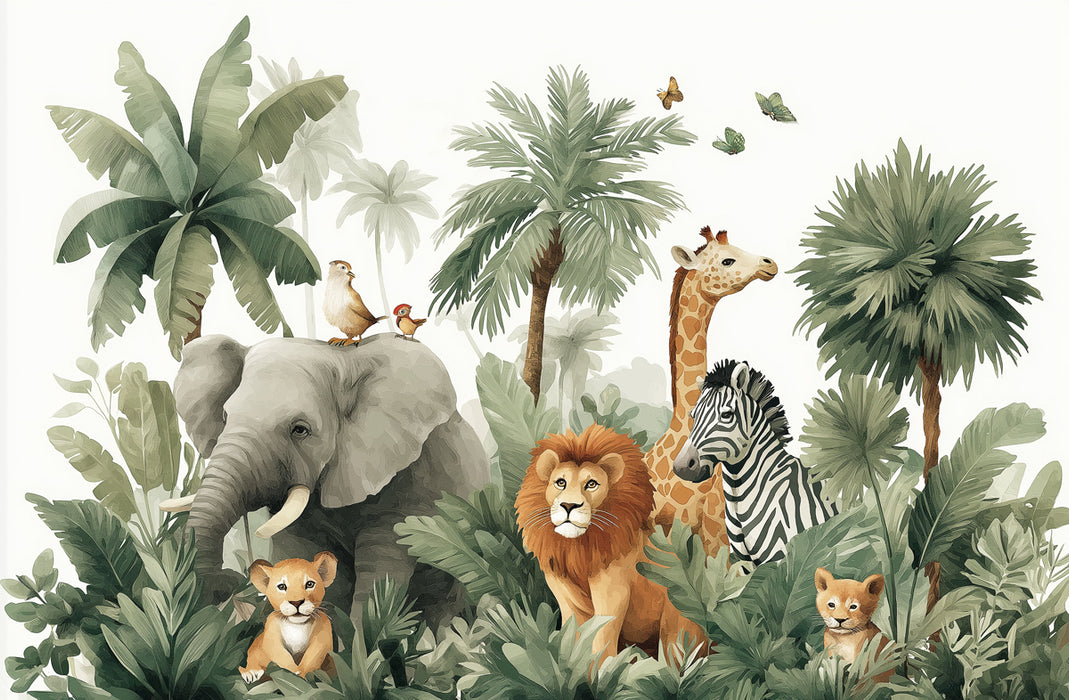 Cute Safari Animal Mural Wallpaper | Playful Jungle Scene for Kids' Rooms
