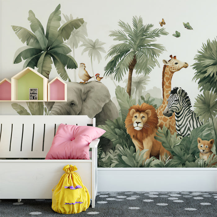 Cute Safari Animal Mural Wallpaper | Playful Jungle Scene for Kids' Rooms