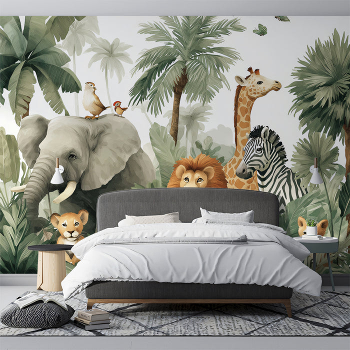 Cute Safari Animal Mural Wallpaper | Playful Jungle Scene for Kids' Rooms