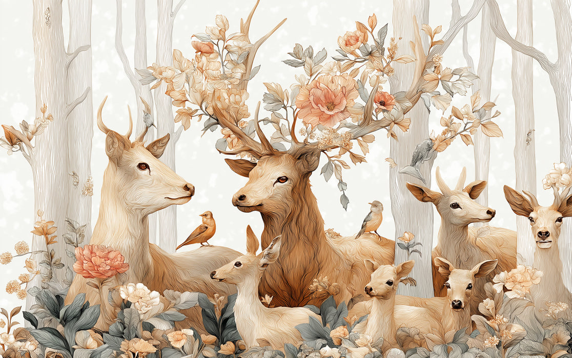Whimsical Deer Mural Wallpaper | Romantic Forest with Flowers