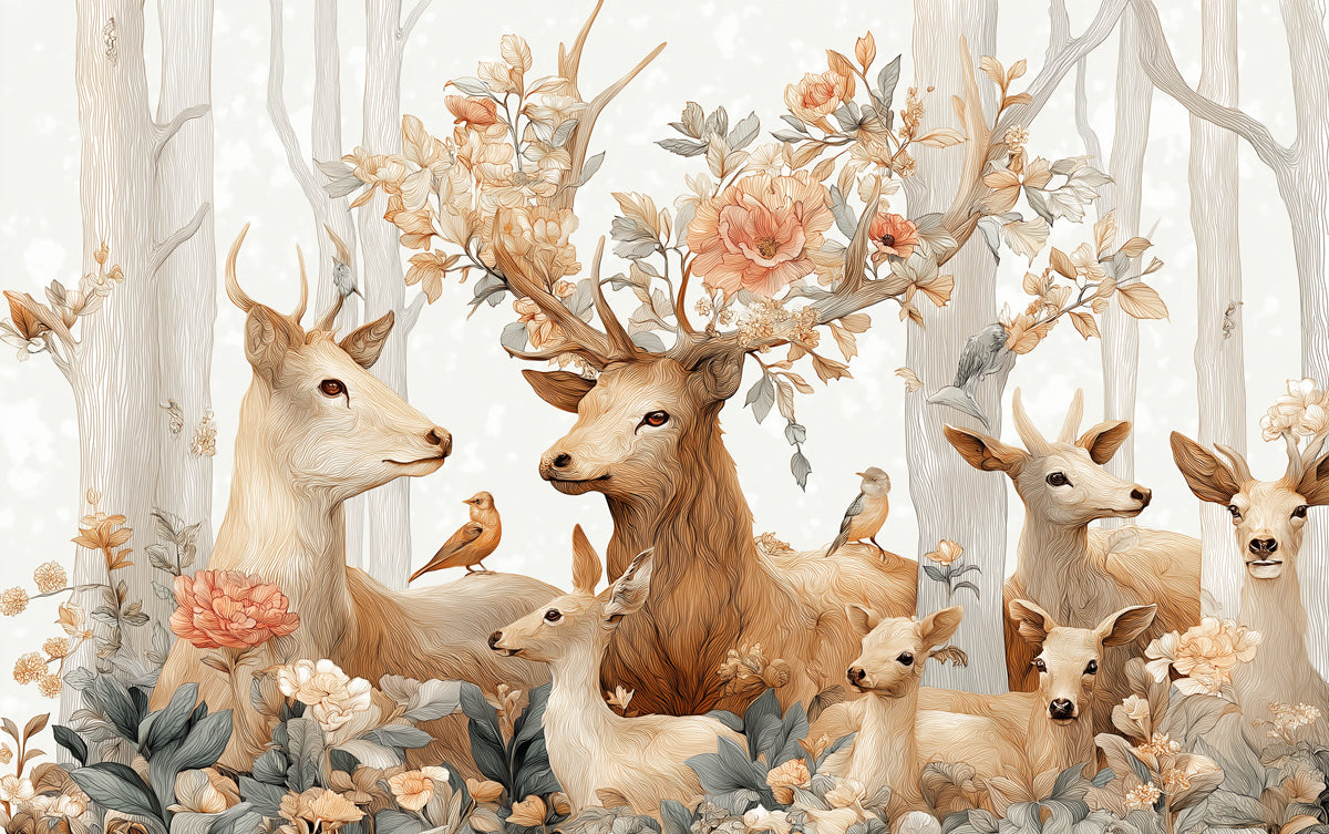 Whimsical Deer Mural Wallpaper | Romantic Forest with Flowers