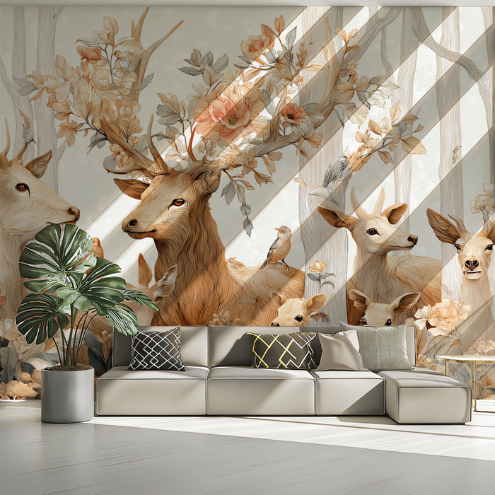 Whimsical Deer Mural Wallpaper | Romantic Forest with Flowers