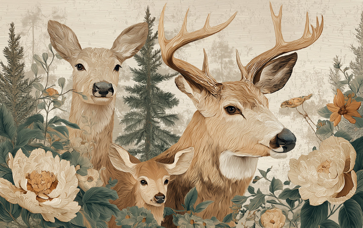 Rustic Deer Mural Wallpaper | Charming Woodland with Flowers
