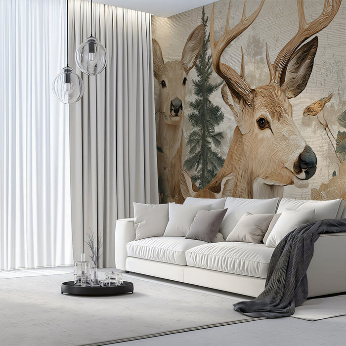 Rustic Deer Mural Wallpaper | Charming Woodland with Flowers