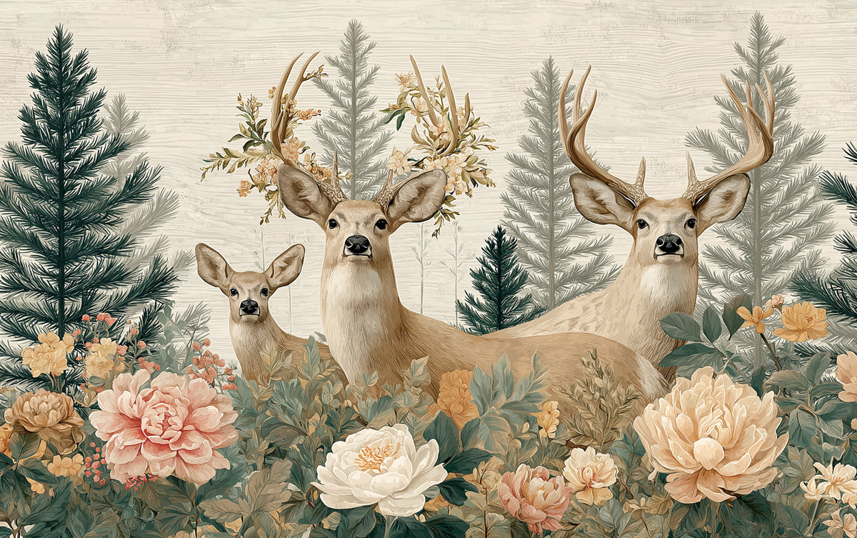 Rustic Deer Mural Wallpaper | Charming Woodland with Flowers