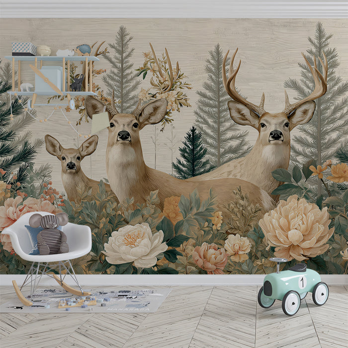 Rustic Deer Mural Wallpaper | Charming Woodland with Flowers